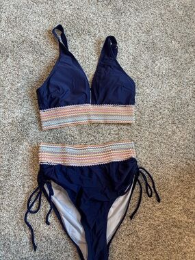 Navy Women's Bikini Set with Multicolor Smocked Waistband
